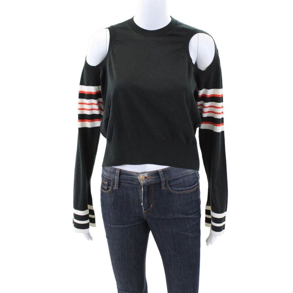MRZ Womens Striped Sleeves Cold Shoulder Sweater Black Red Cotton Size Extra Sma